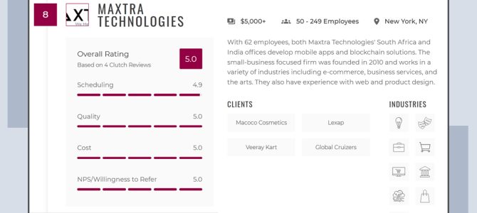 Maxtra Technologies Recognized As A Top Blockchain Developer in New York by The Manifest